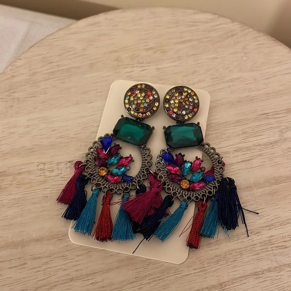 Women’s earrings Bold Statement dangle post back colorful tassels and stones - Picture 4 of 6